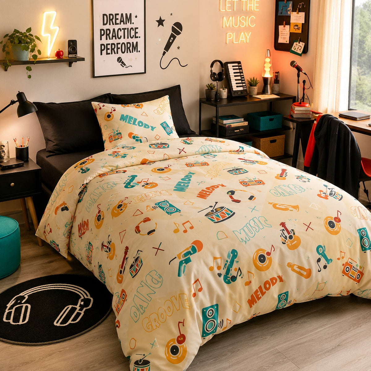A bed dressed in a cream music themed duvet cover and matching pillowcase printed with colorful music-themed doodles and words like 'MELODY' and 'GROOVY', shown in a styled bedroom with black fitted sheet and pillows, shelves, lamps, posters, and a window.