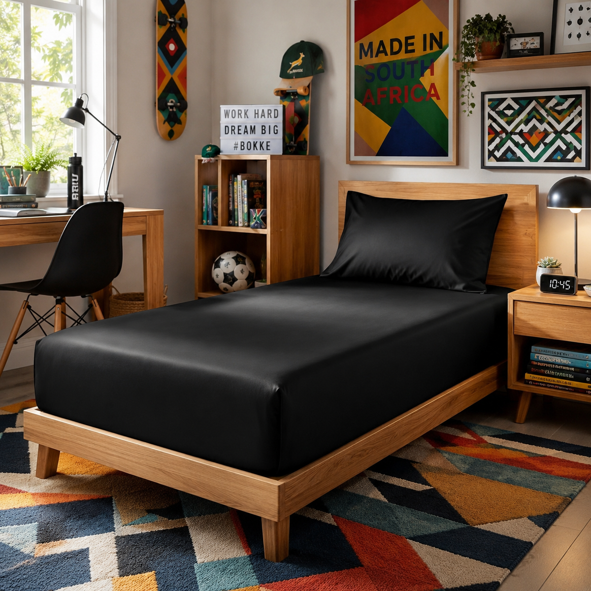 A single bed dressed in a black sheet and pillowcase, placed in a styled bedroom with a light wood bed frame, geometric rug, desk, chair, and framed wall art.