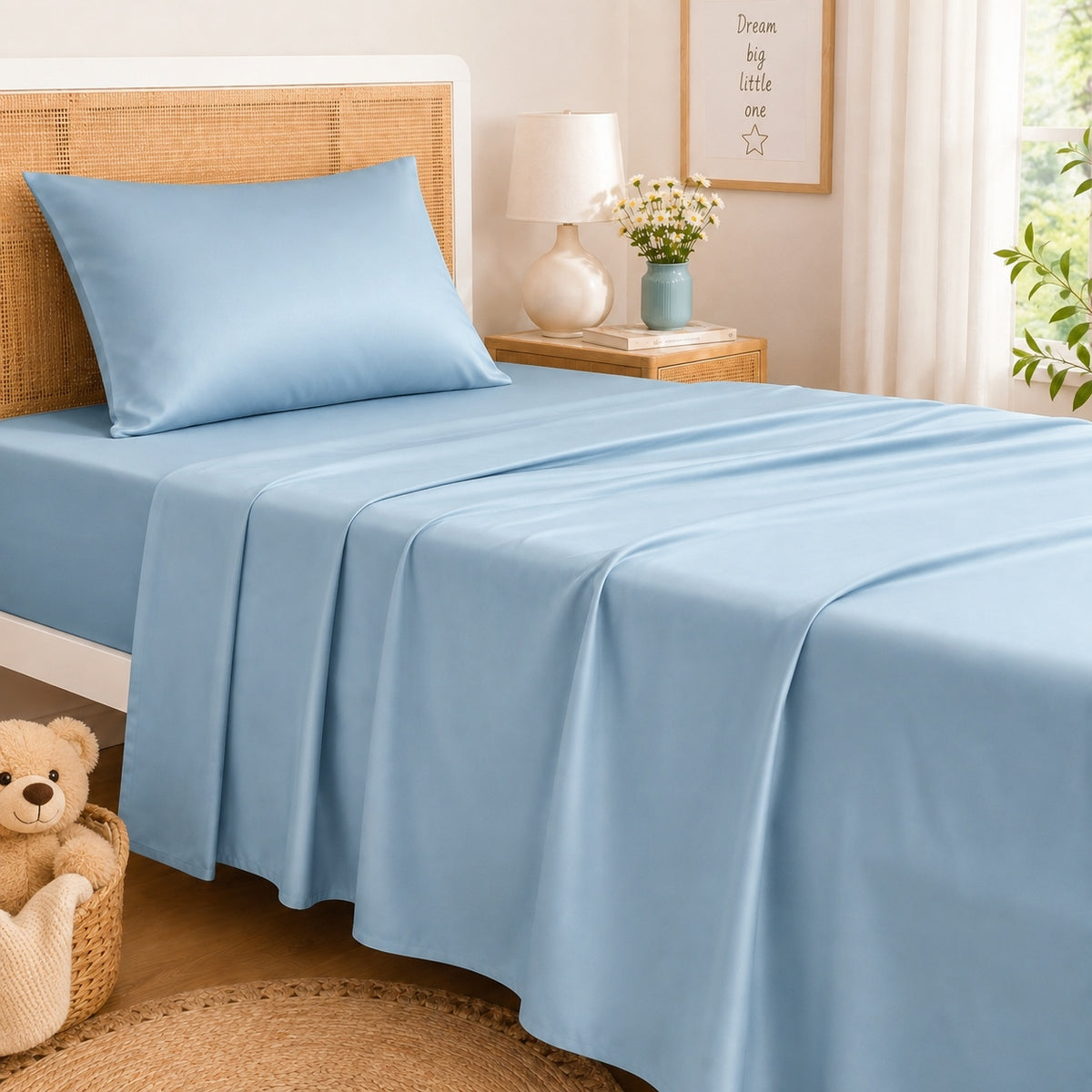 Light blue bedding set including a fitted sheet and matching pillowcase on a bed with a woven headboard, styled in a bright bedroom setting.