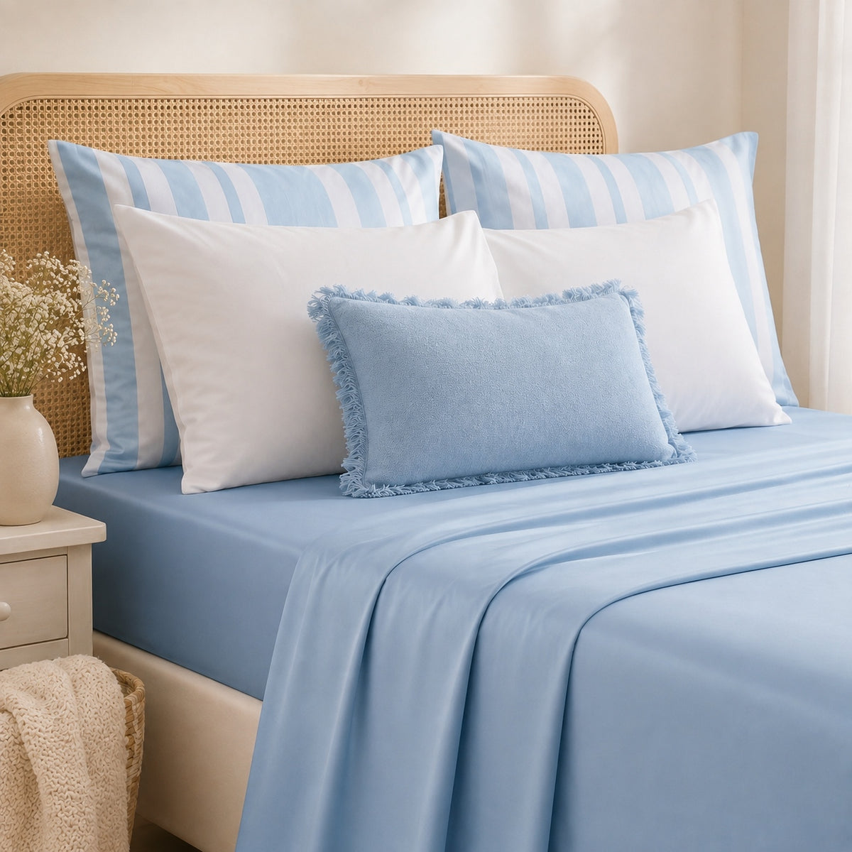 A neatly made bed with light blue bedding, including a fitted sheet, duvet, and matching pillows, styled with white and blue striped pillows in a bright bedroom setting.