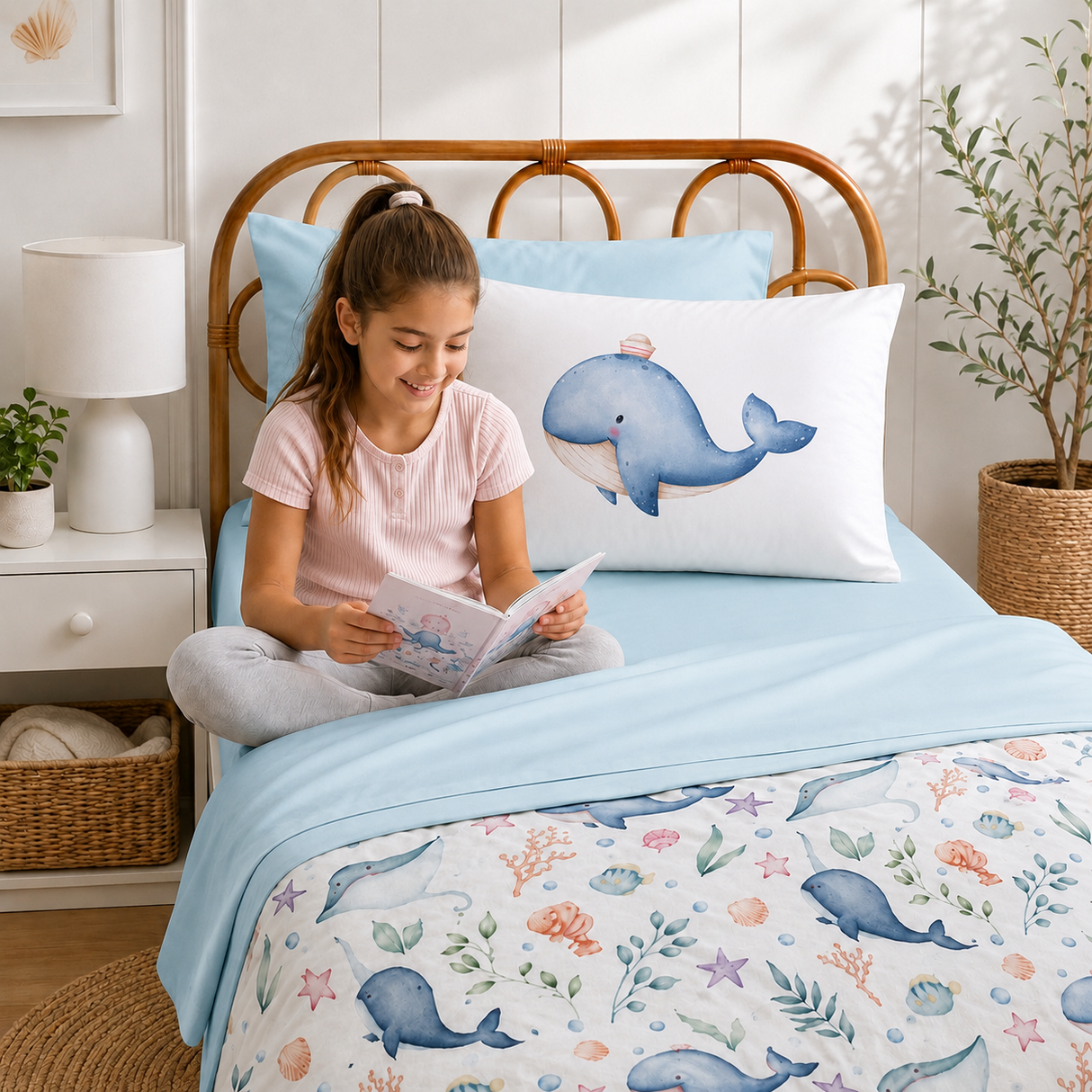 Bedroom setting with ocean themed duvet cover and light blue fitted sheet and top sheet. A continental pillow with a whale on it is at the back of a girl sitting reading on the bed.