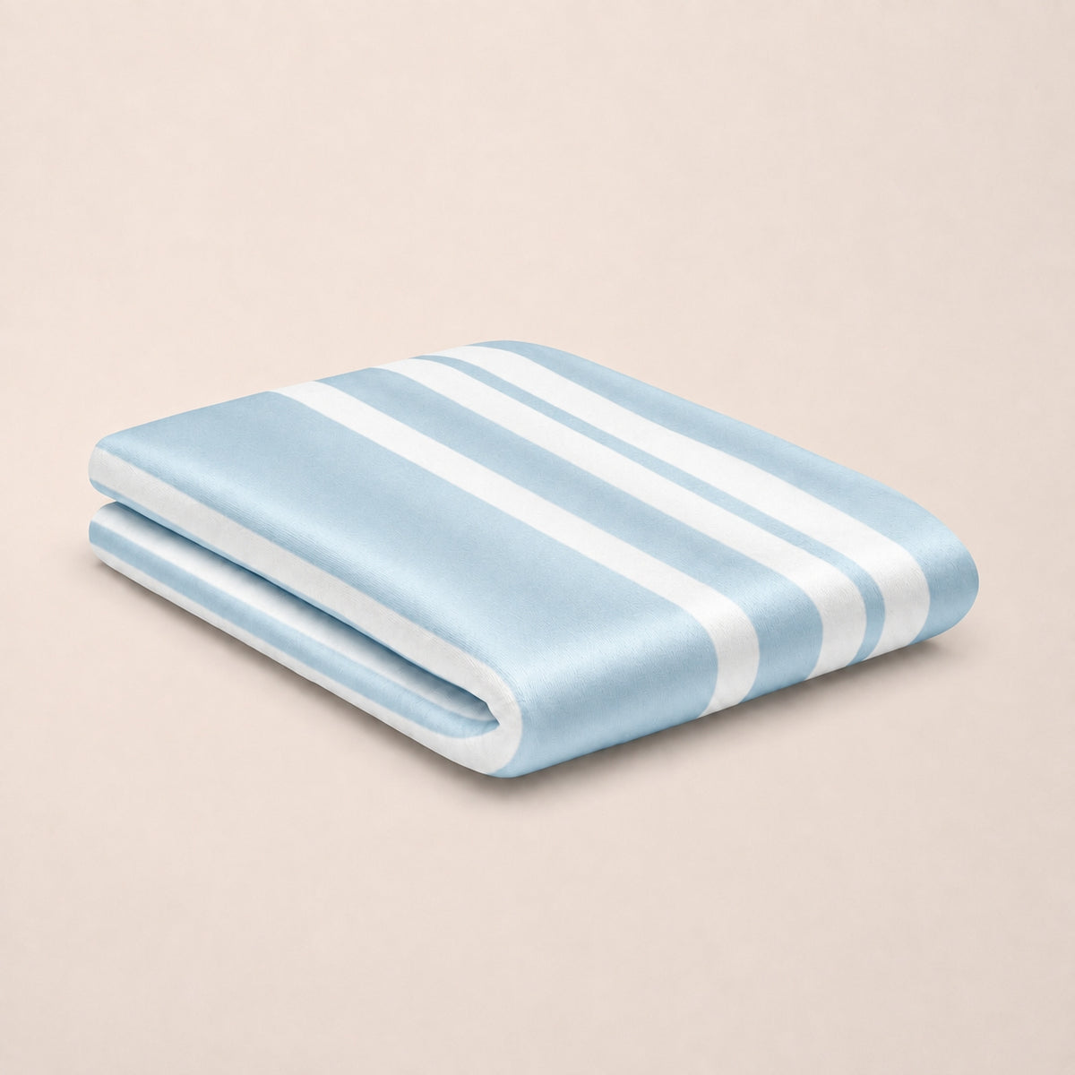 A folded light blue bamboo top sheet with white stripes, displayed on a solid beige background.