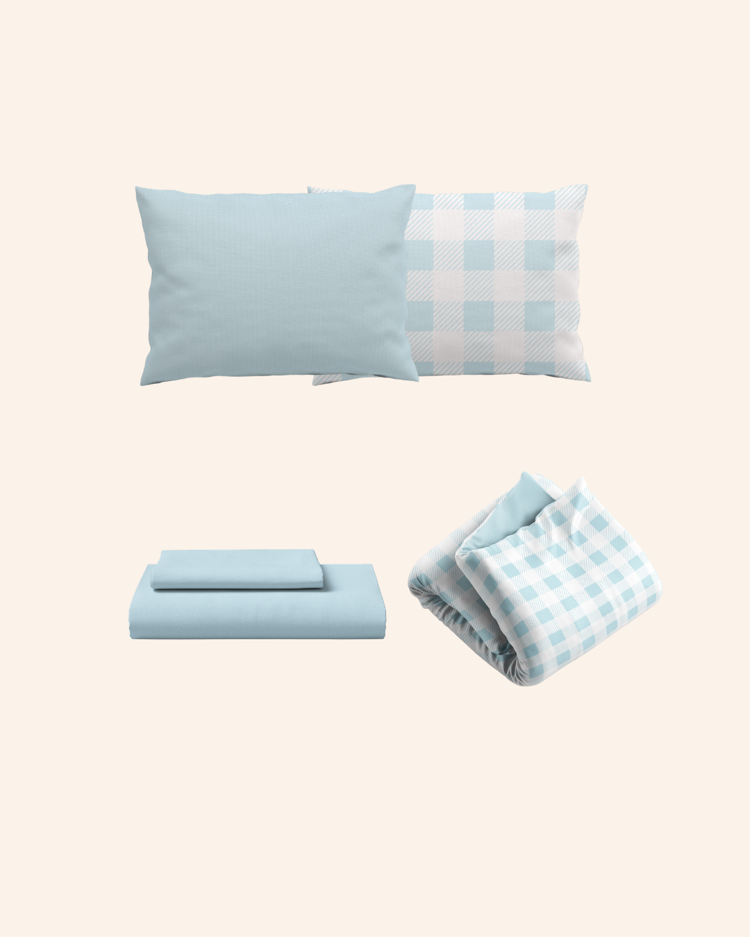 caribbean blue check bedding bundle styled on kids bed setup