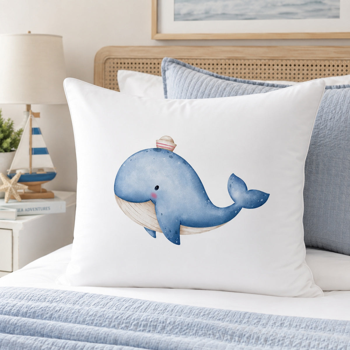 A white continental pillow featuring a watercolor illustration of a blue whale wearing a small striped hat, styled on a bed with blue bedding and decorative pillows.