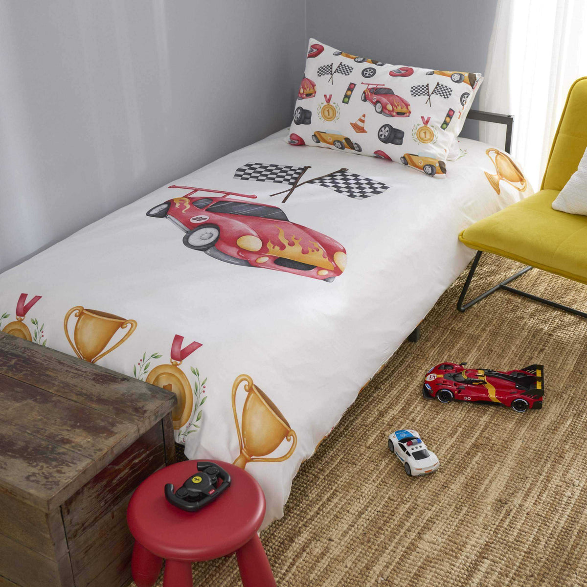 Close up detail of race car dreams reversible kids duvet cover set