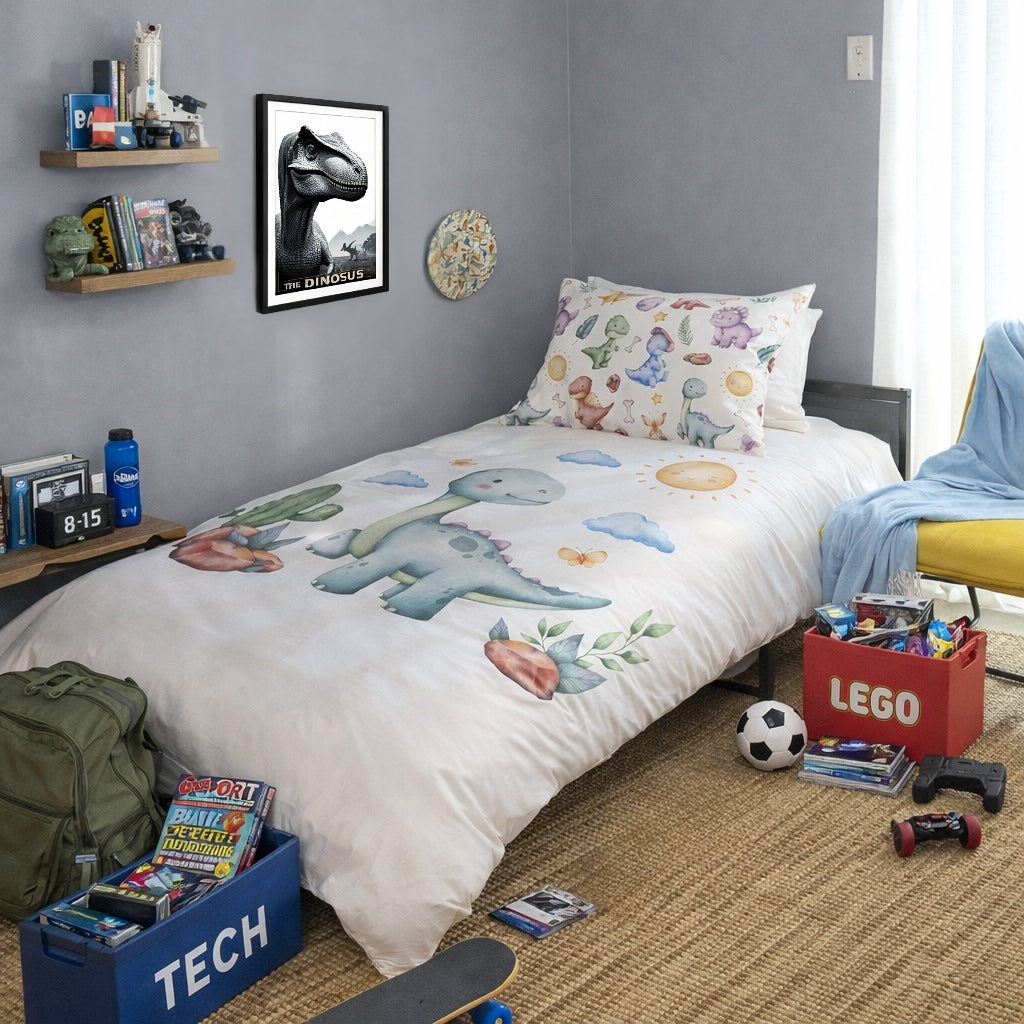Children's bedroom with dinosaur-themed bedding and toys