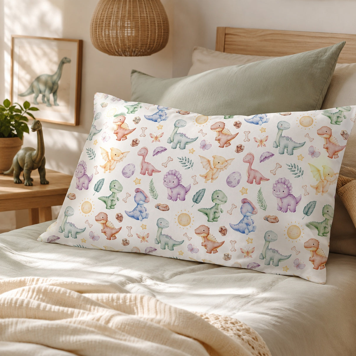 A rectangular standard pillowcase with a colorful dinosaur print, resting on a bed in a warm, sunlit bedroom setting.