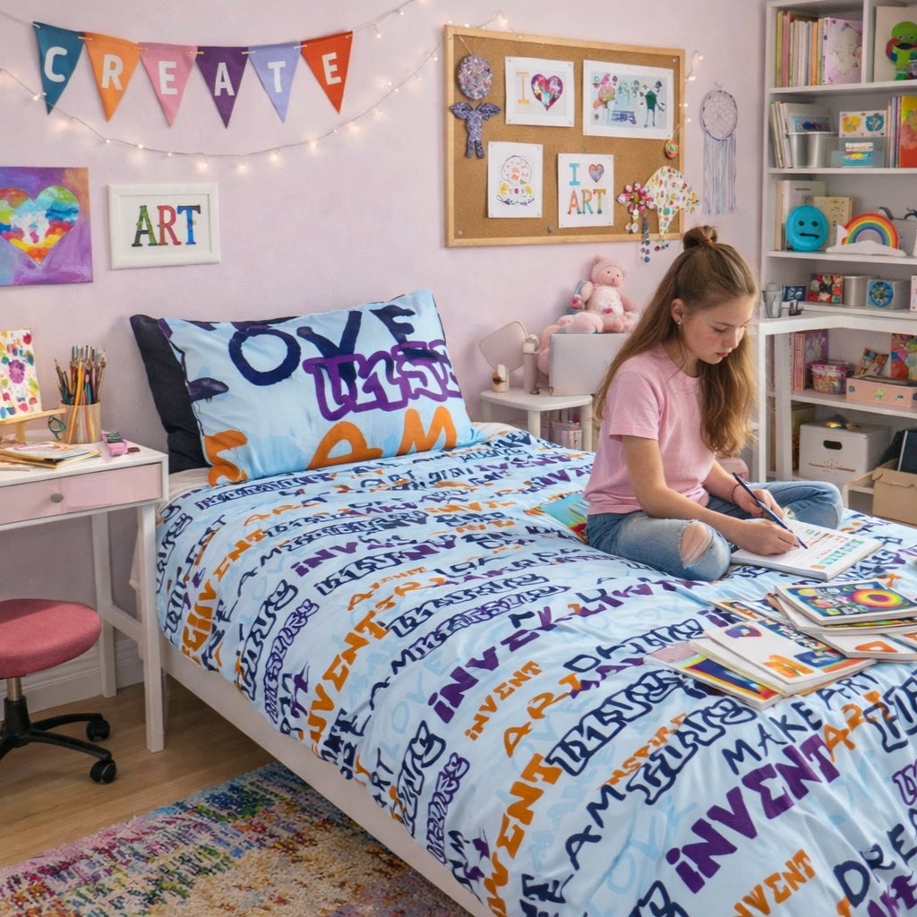 Child's bedroom with colorful bedding and decor, including a girl sitting on the bed writing.
