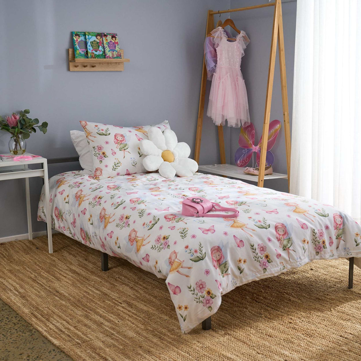Reversible enchanted fairies kids bamboo duvet cover set on girls bed
