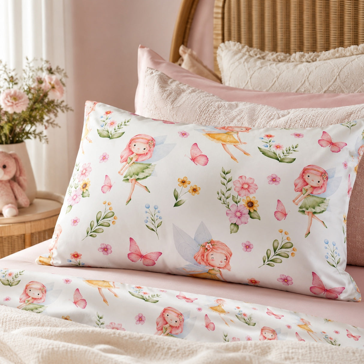 A pastel fairy-themed pillowcase and matching bedding set displayed on a bed in a soft pink bedroom setting. The white fabric features a watercolor print of pink-haired fairies, butterflies, flowers, and leaves.