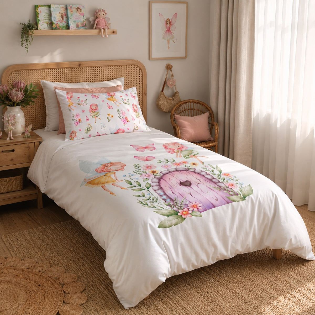 A single bed dressed in a white duvet cover with a whimsical fairy-themed floral print, including a purple fairy door, butterflies, and a small fairy figure. The bed is styled in a cozy, sunlit bedroom with a rattan headboard, matching pillows, a wicker chair, and a warm neutral-toned rug.