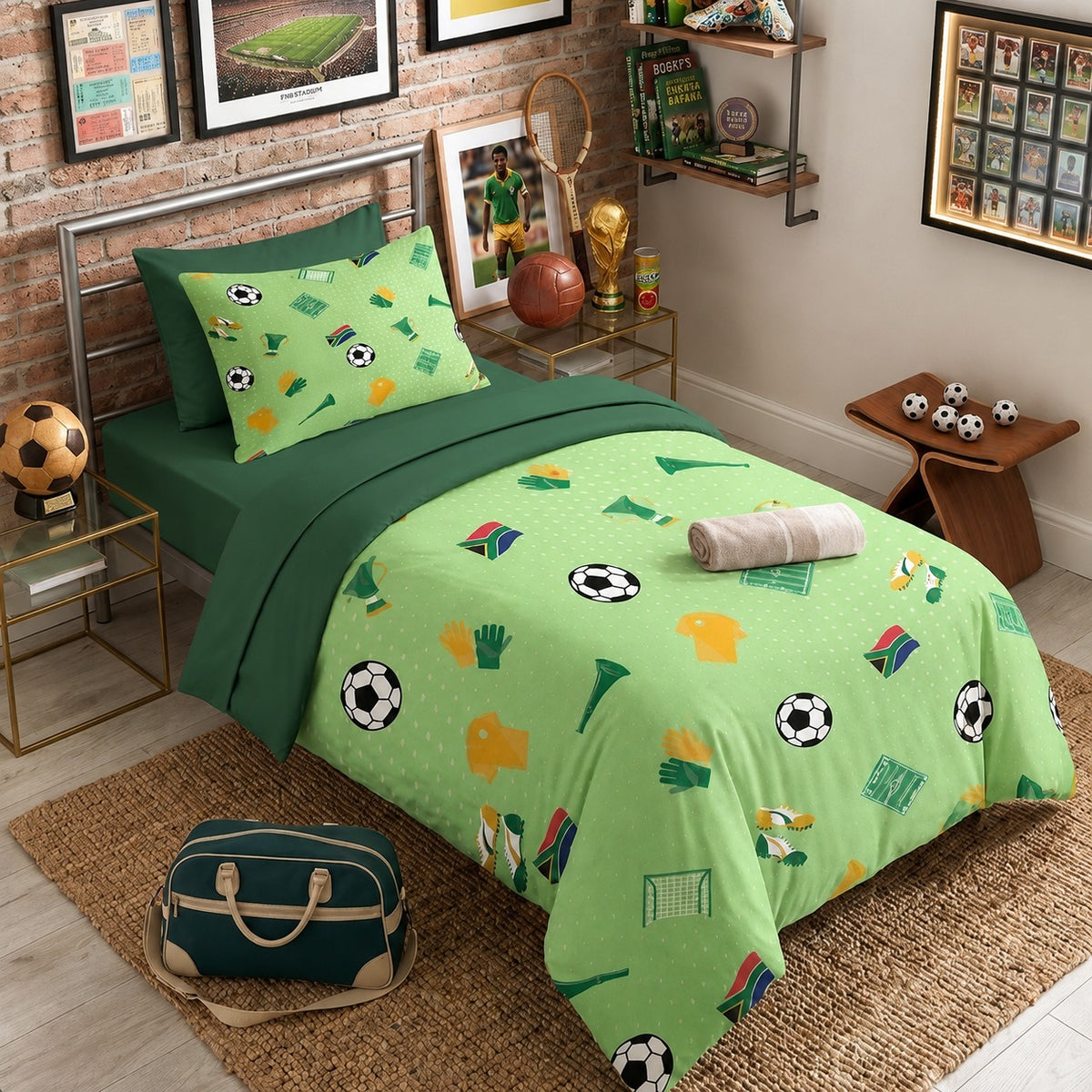 A single bed dressed in a bright green soccer-themed bedding set, featuring a comforter and matching pillow with soccer balls, cleats, and goal motifs, styled in a decorated bedroom.