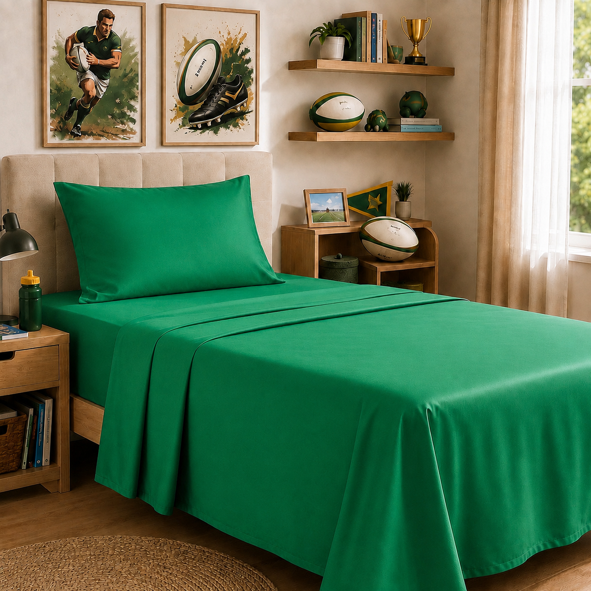A bed dressed in a bright green sheet set with a matching pillowcase, styled in a warm, rustic bedroom with sports-themed decor, wooden shelves, and rugby balls.