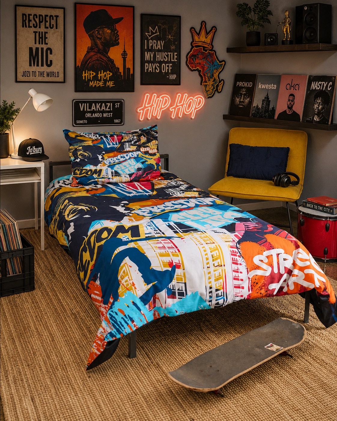 A colorful hip hop themed bedding set, including a duvet cover and two pillowcases, styled on a bed in a fully decorated bedroom with a yellow chair, neon sign, and posters.