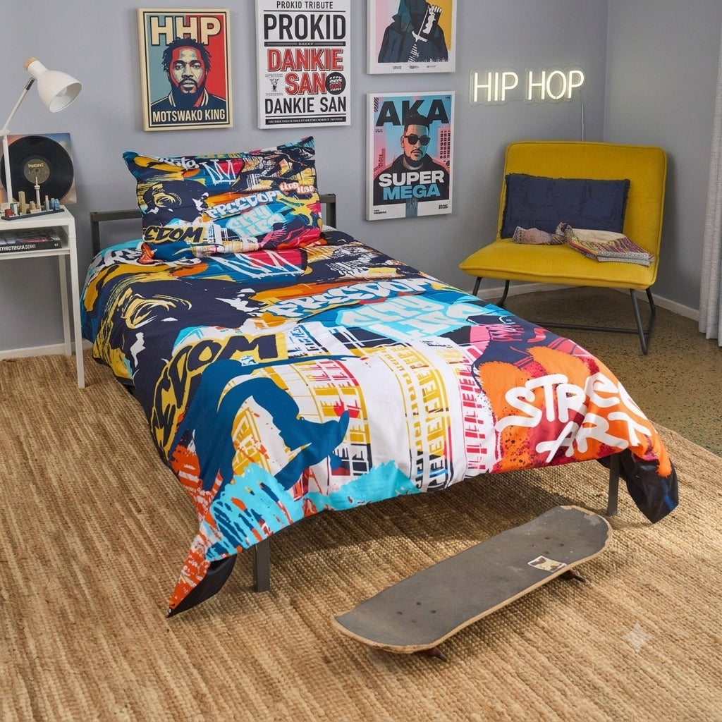 A colorful hip hop print bedding set, including a duvet cover and matching pillowcases, styled on a bed in a modern bedroom setting with a yellow chair, skateboard, and framed music posters on the wall.