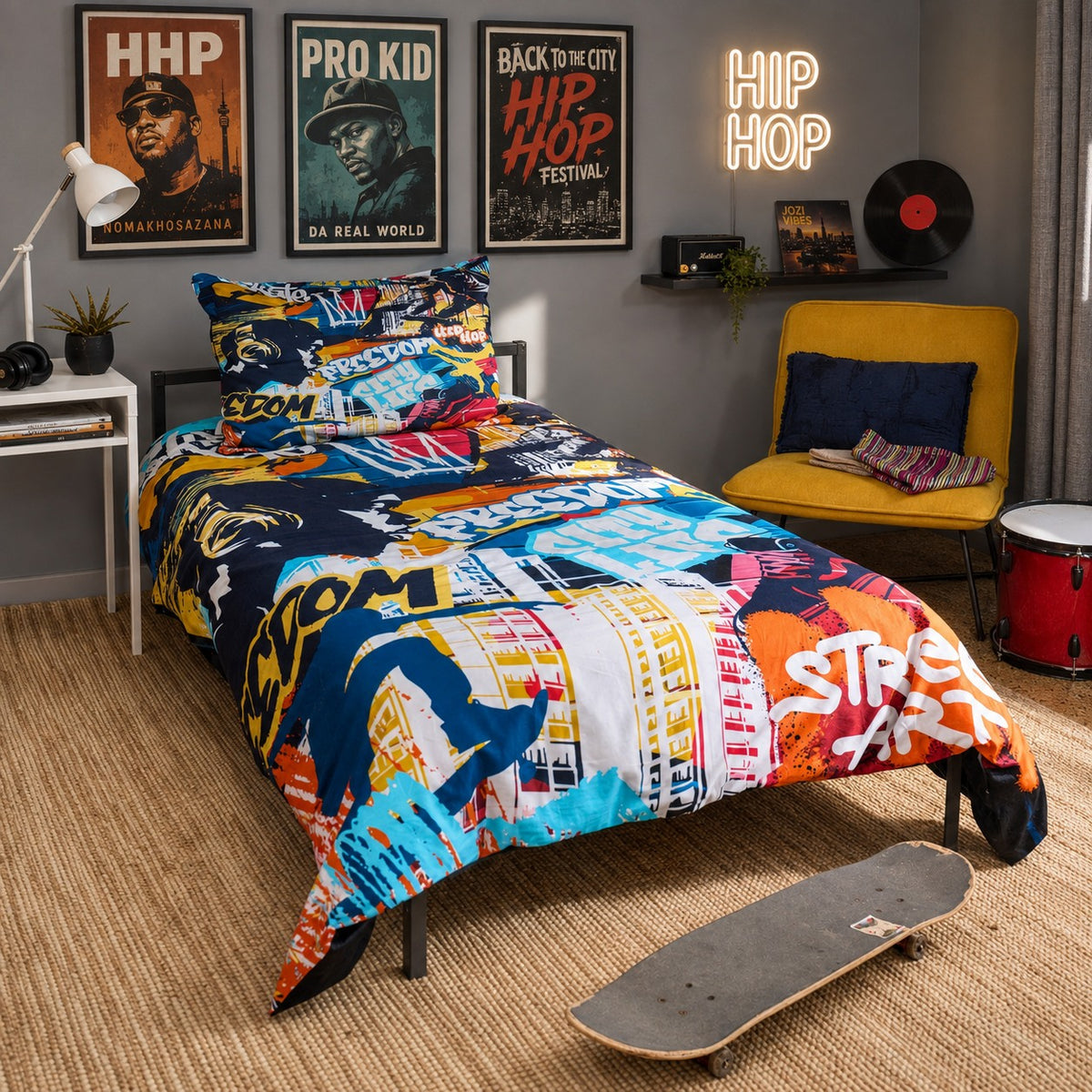 A colorful hip-hop themed bedding set, including a duvet cover and pillowcase, styled on a bed in a modern, hip-hop-themed bedroom with a yellow chair, neon sign, and skateboard.