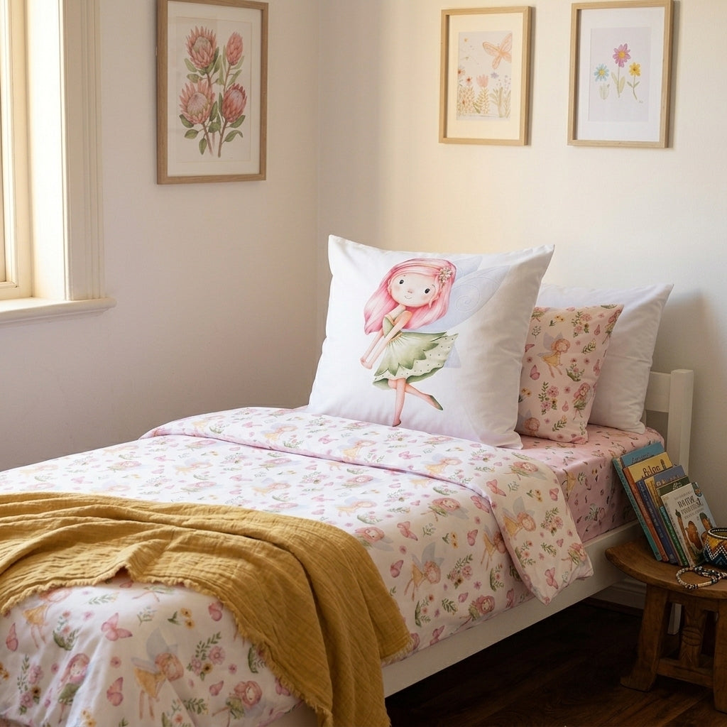 A single bed styled in a bright, cozy room, featuring a white bedding set with a pink and green fairy illustration on a continental pillow, a matching floral-patterned pillow, and a mustard yellow throw blanket.