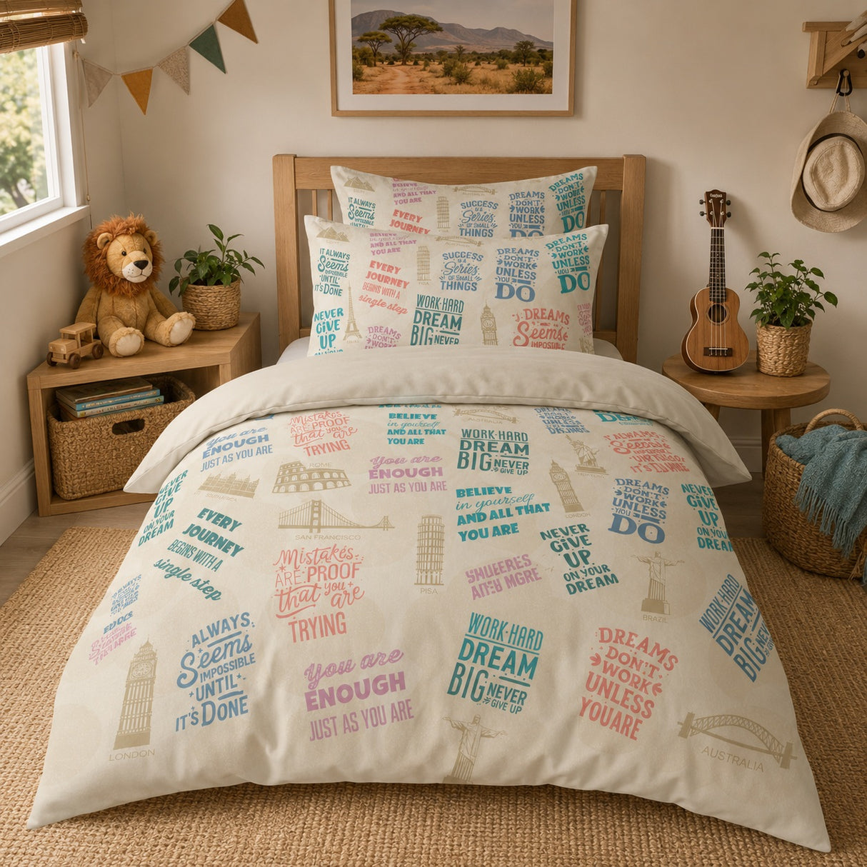 A cozy bedroom scene with a bed dressed in a cream bedding set featuring multicolored motivational text and illustrations of world landmarks. The room includes wooden bedside tables with a teddy bear, books, and small potted plants, a wooden headboard, a framed landscape print, a ukulele, and a hat hanging on the wall.