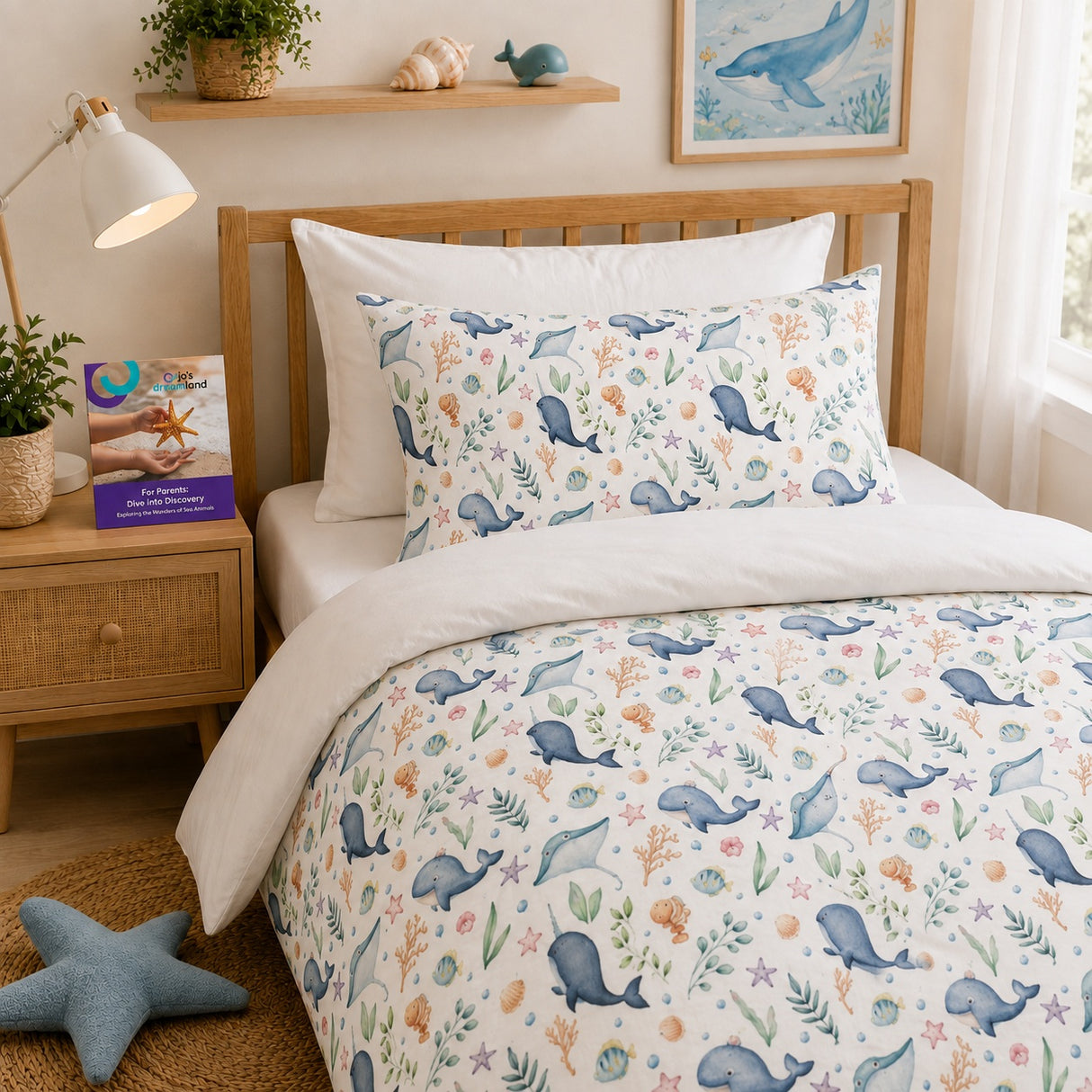 A bed dressed in a white kids bedding set with a colorful ocean-themed print featuring blue whales, sea plants, and starfish, styled in a warm, sunlit bedroom with a wooden headboard, bedside lamp, and framed artwork.