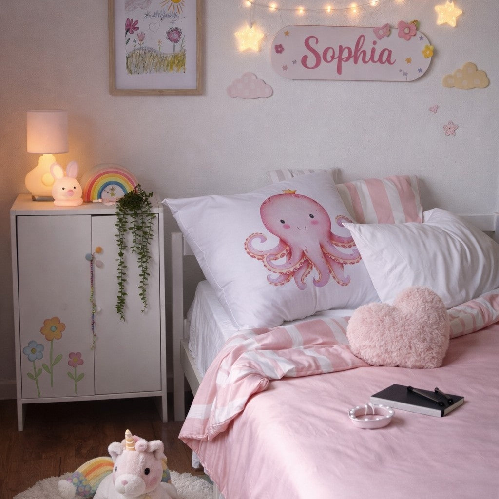 Children's bedroom with pink bedding, octopus pillow, and decorative items.