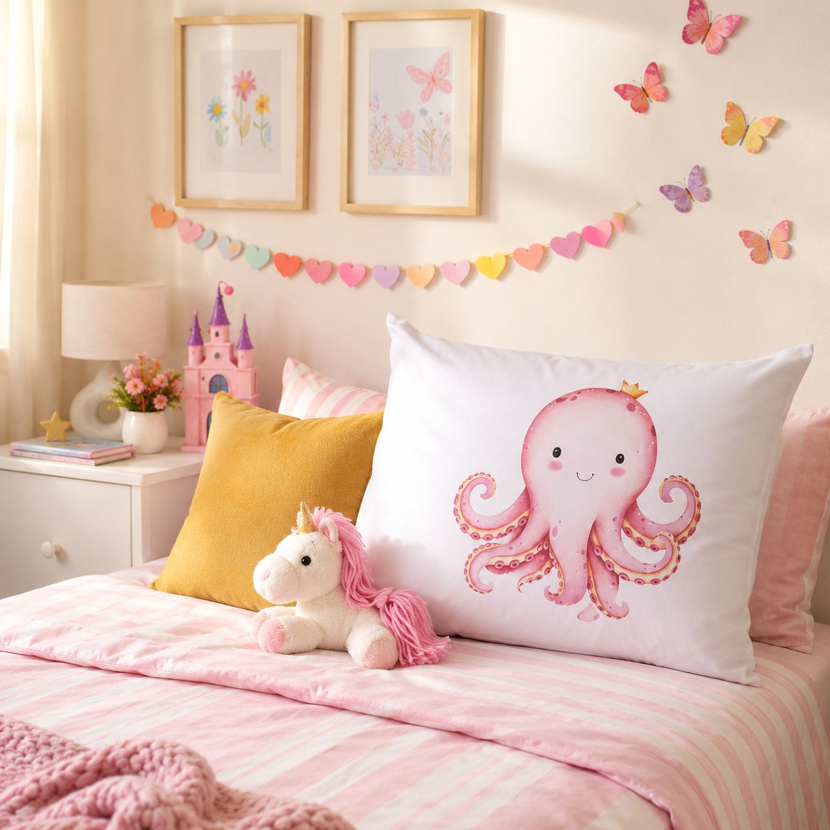 A styled children's bedroom scene with a bed made in pink and white stripes, a large white continental pillow featuring a pink octopus illustration, a mustard yellow pillow, a small unicorn plush, framed wall art, butterflies, and a heart banner.