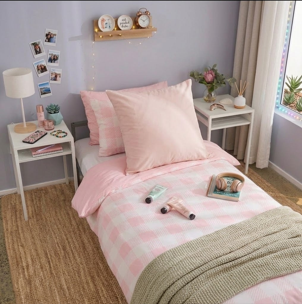 A neatly made bed in a styled bedroom with a pink and white checkered duvet cover, matching pillows including a solid pink continental pillow, a beige knit throw blanket, and bedside tables with lamps and decor. No person is present, but this is still a real interior environment rather than a clean studio product shot, so subject_type is Lifestyle.