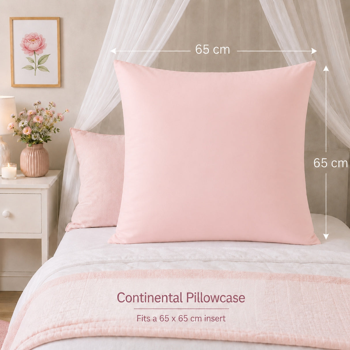 A pink Continental Pillowcase shown on a bed in a styled bedroom setting, with dimension arrows indicating a 65 cm by 65 cm fit. Text at the bottom reads 'Continental Pillowcase' and 'Fits a 65 x 65 cm insert'.