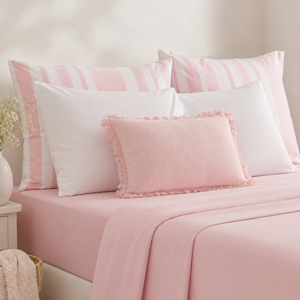 Pink bedding set on a bed with a solid pink sheet, white pillows, and striped pink-and-white pillows, styled in a soft bedroom setting.