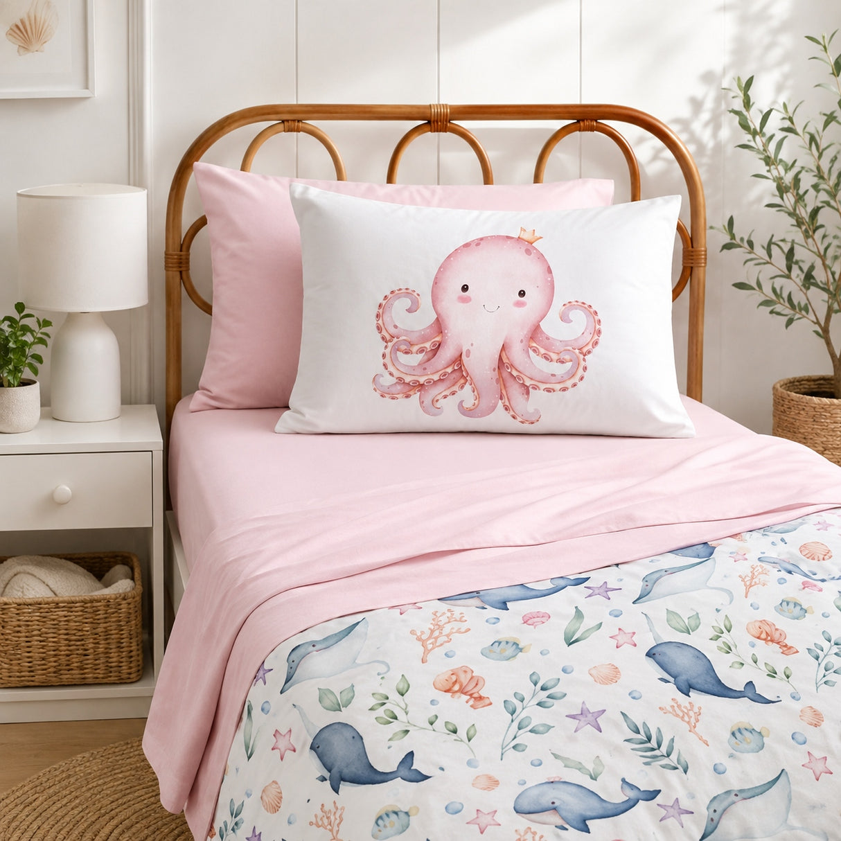A styled bed in a bright bedroom featuring a pink octopus printed pillowcase on a white background, layered over pink sheets and a white duvet with a blue and multicolor sea life print including whales, starfish, and coral.