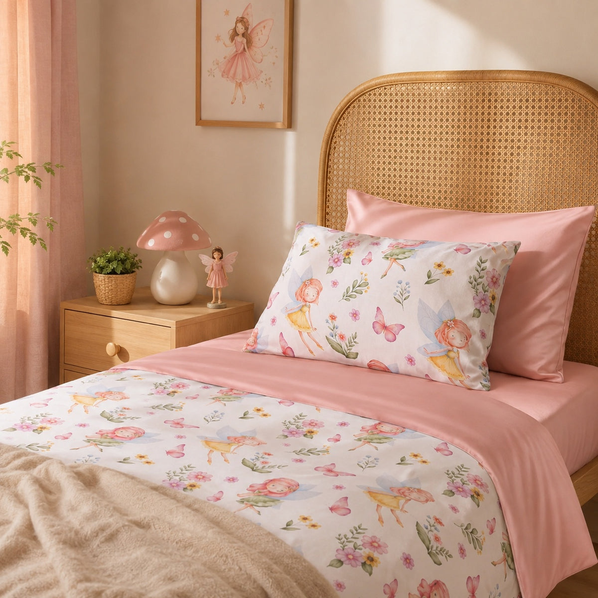 A cozy bedroom scene with a bed dressed in a pink and white fairy-themed floral print bedding set, including a duvet cover and matching pillow, with a solid pink pillow behind it. The room has a rattan headboard, a wooden nightstand with a pink mushroom lamp, and soft pink curtains.