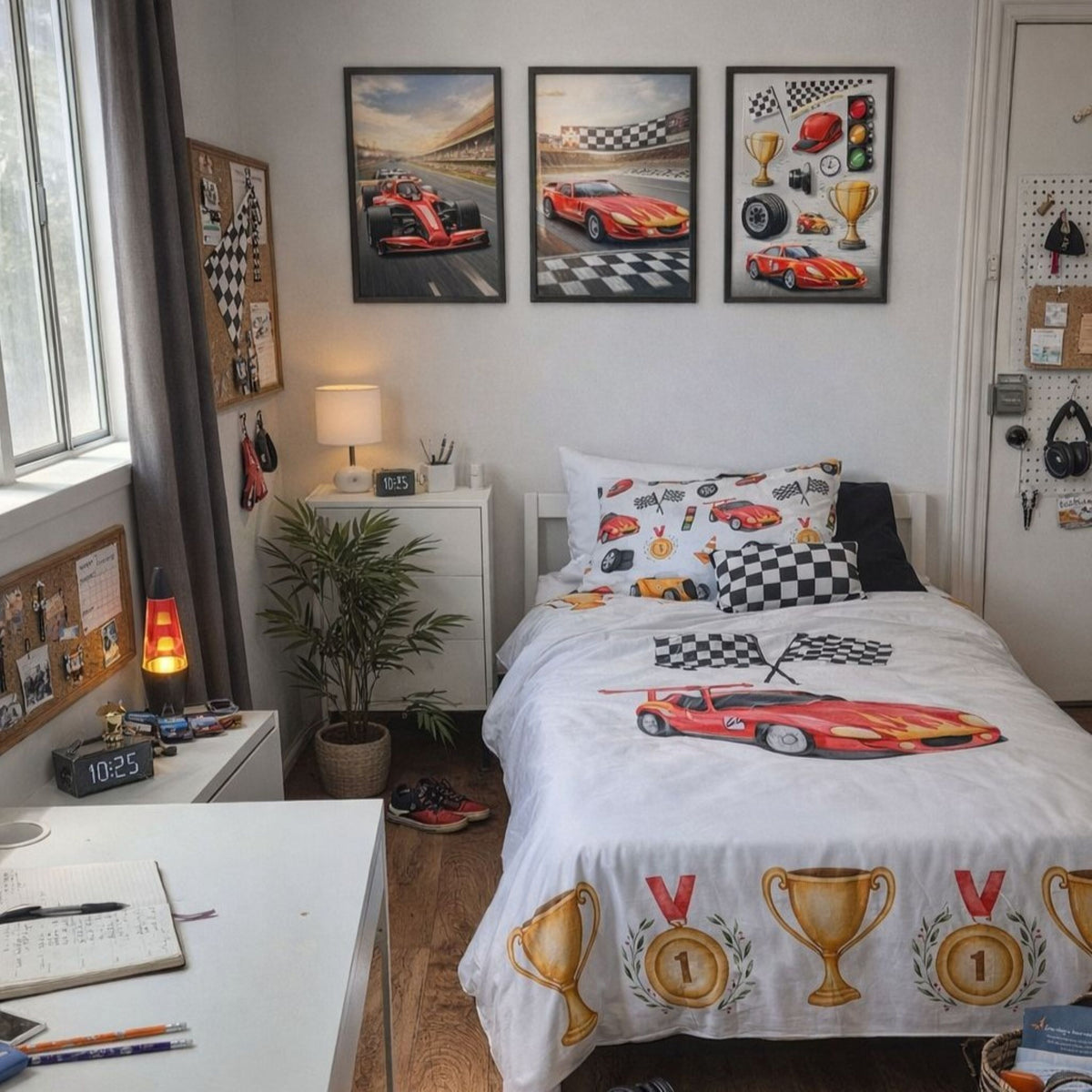 A racing-themed bedroom setup featuring a white bedding set with red sports cars, checkered patterns, and gold trophies, styled in a modern bedroom with three framed race car prints on the wall.