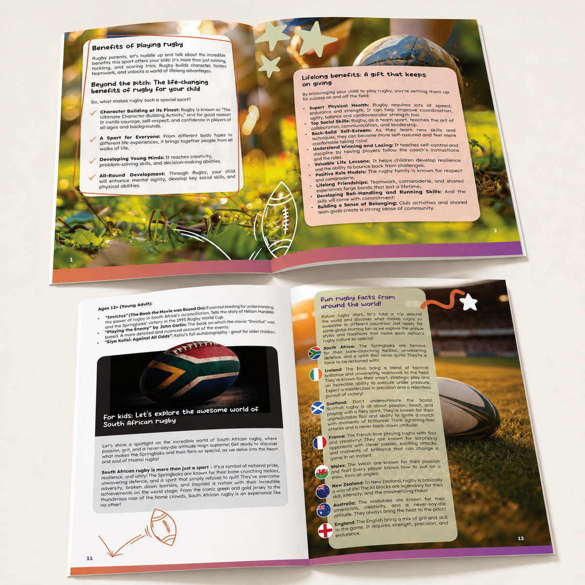 Spread of 4 pages of a rugby themed booklet