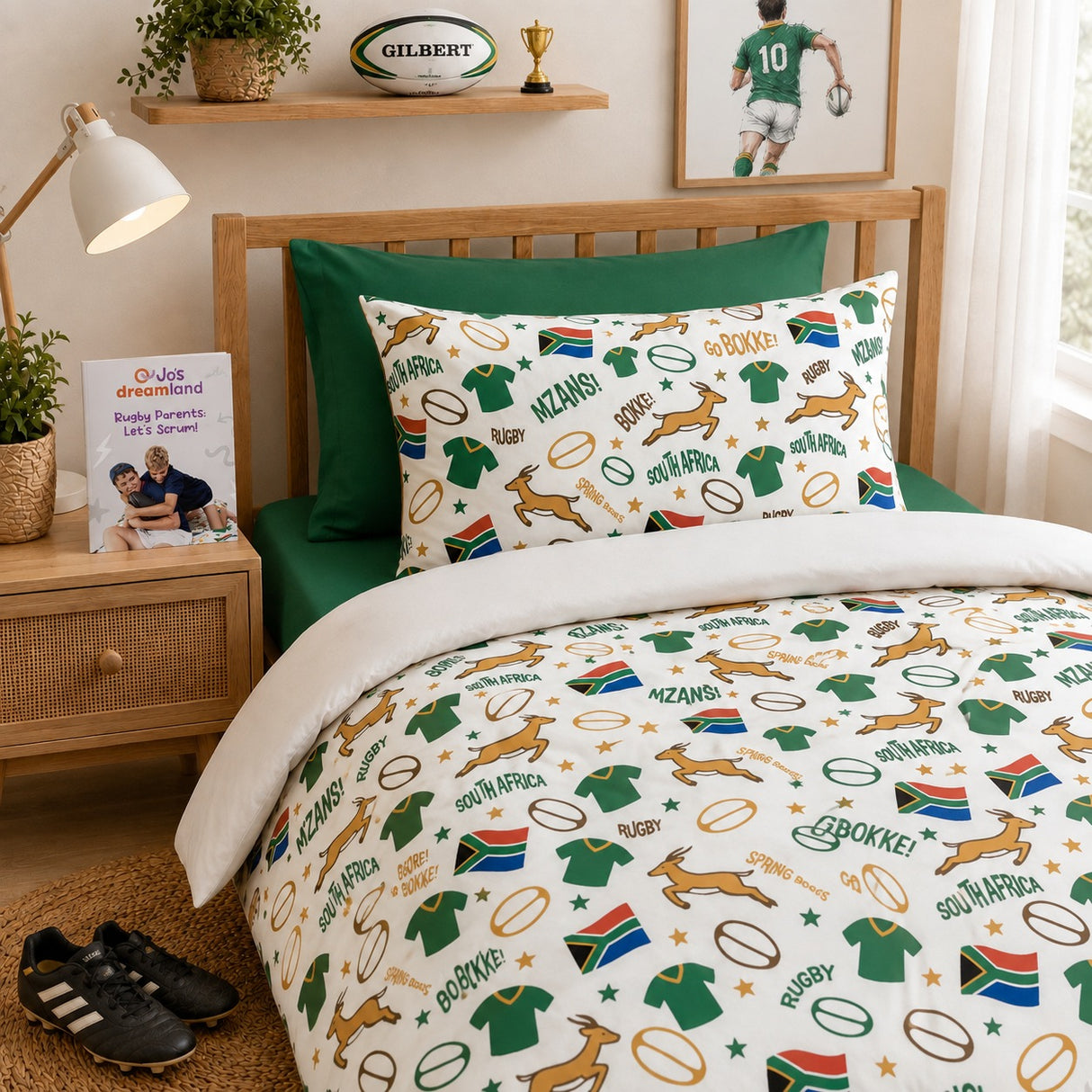 A bed dressed in a South Africa rugby-themed kids bedding set, featuring a white duvet cover and matching pillowcase printed with green jerseys, rugby balls, Springboks, and rugby scores, styled in a warm bedroom setting.