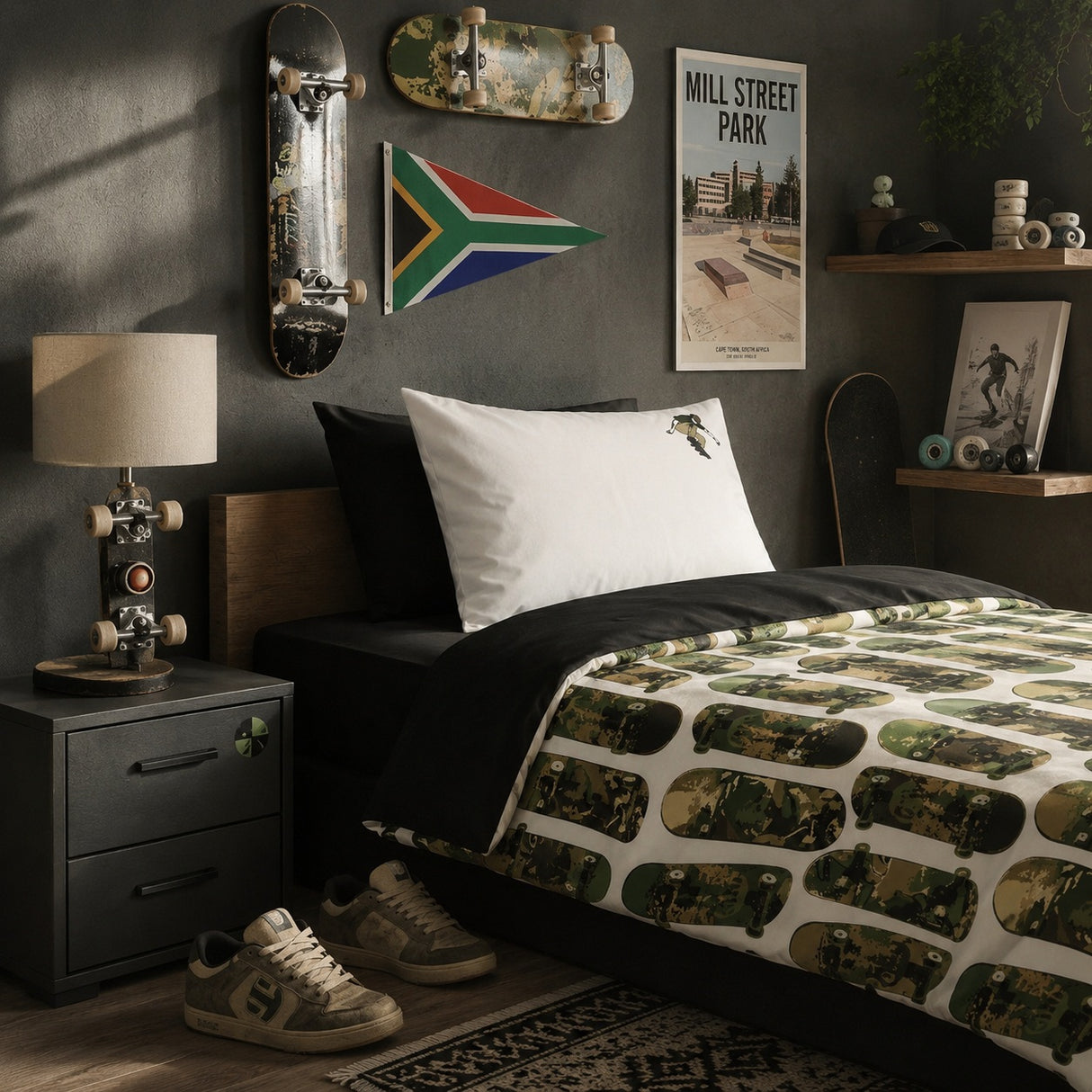 A styled bedroom scene featuring a bed with a white duuvet cover printed with a repeating camouflage-patterned skateboard design. The room has a dark gray wall decorated with a South African flag, a vintage-style Mill Street Park poster, and two skateboards mounted on the wall.