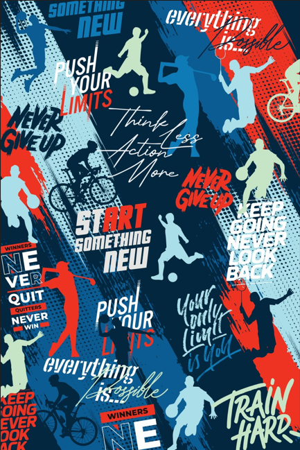 Close up of sports silhouettes and motivational quotes on 400 thread count organic cotton