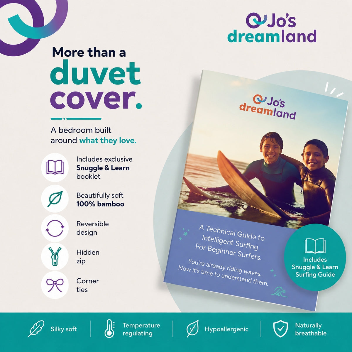 Promotional graphic for Jo's Dreamland duvet cover, showing the product package and feature icons on a light background with teal and purple branding.