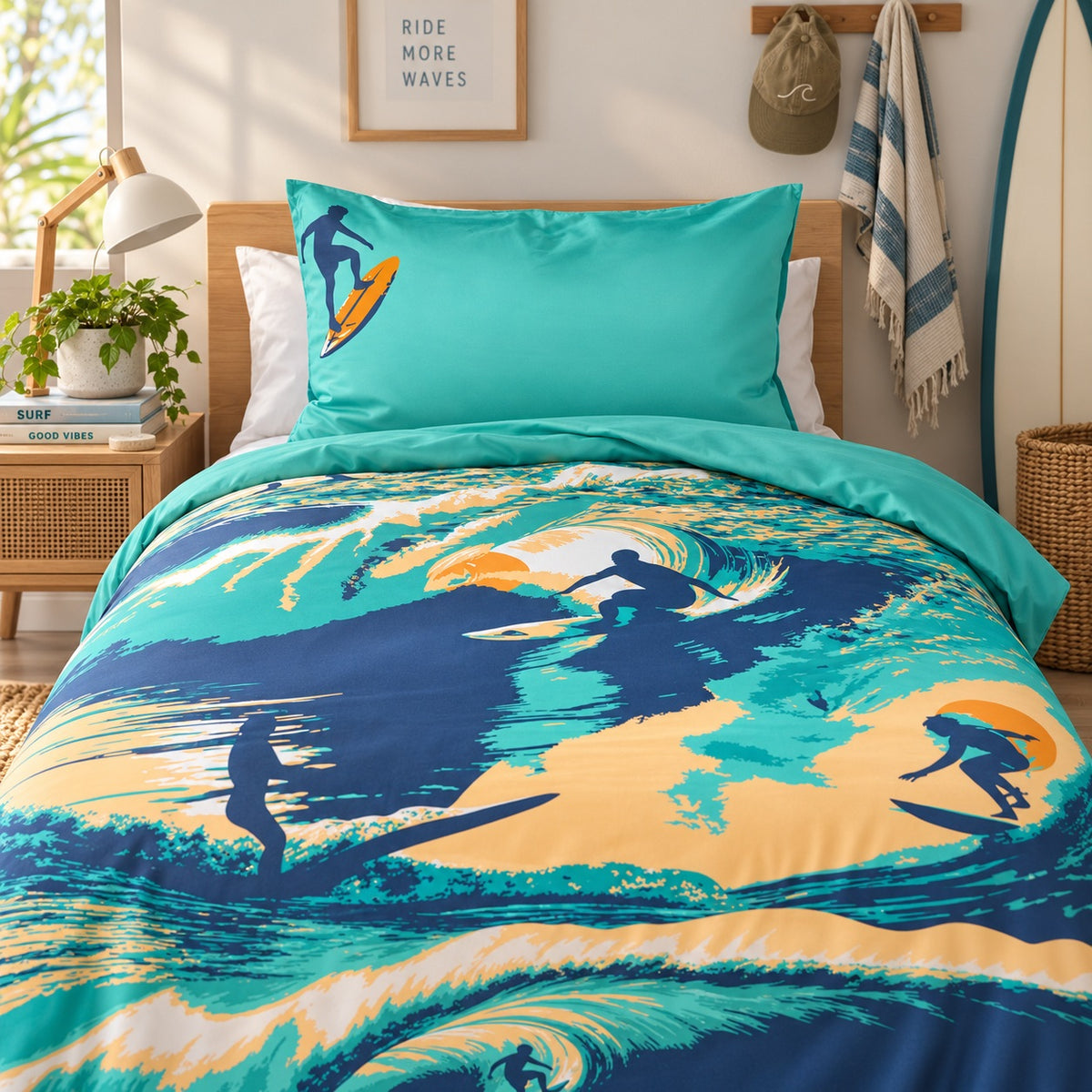 A bed dressed in a vibrant surf-themed bedding set, featuring a duvet cover and matching pillowcase with a retro wave and surfer graphic print in teal, navy, and sandy yellow. The room is styled with a wooden headboard, a bedside lamp, and a framed print on the wall.