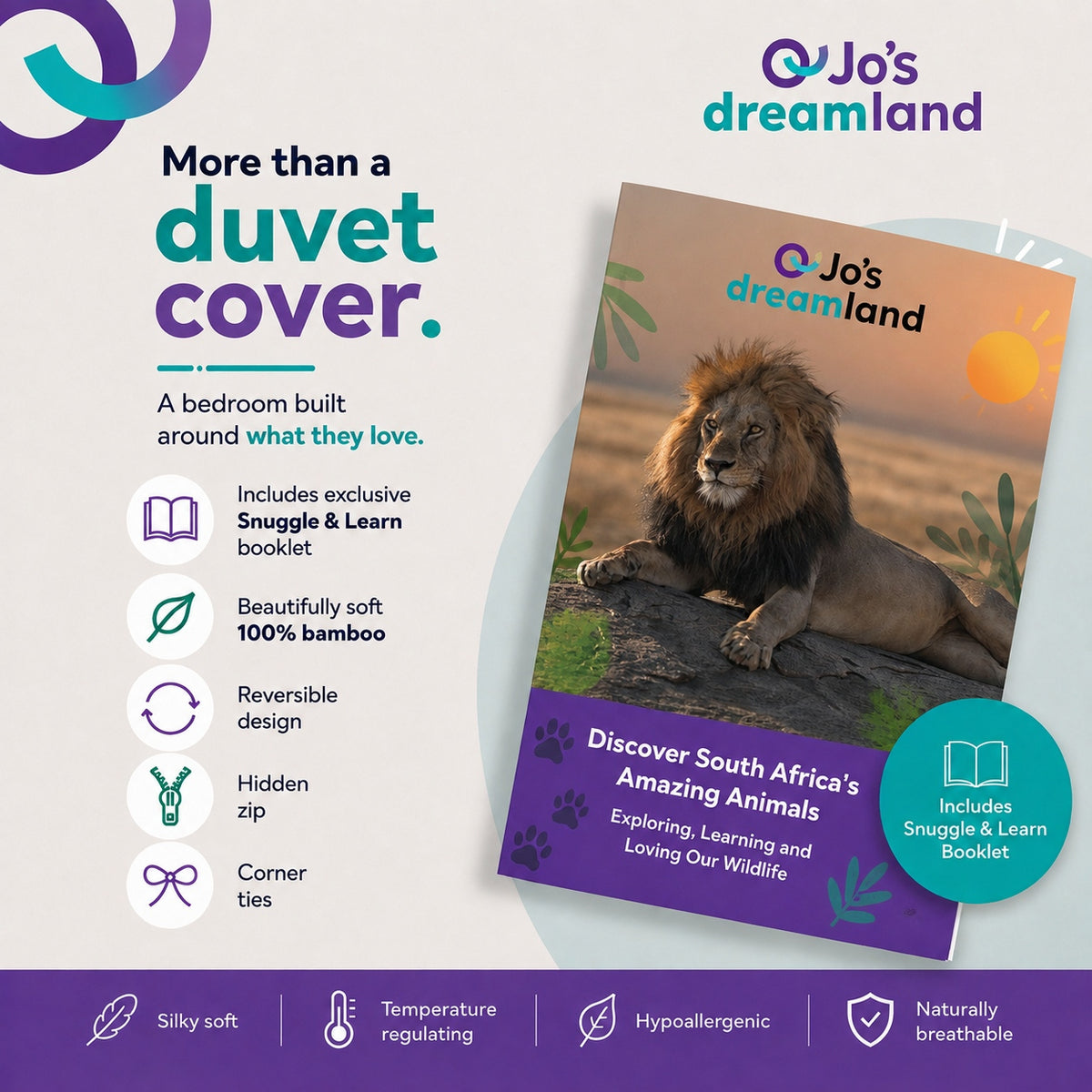 Promotional graphic for Jo's Dreamland duvet cover booklet, showing the product cover with a lion photo and feature callouts on a light background with purple accents.