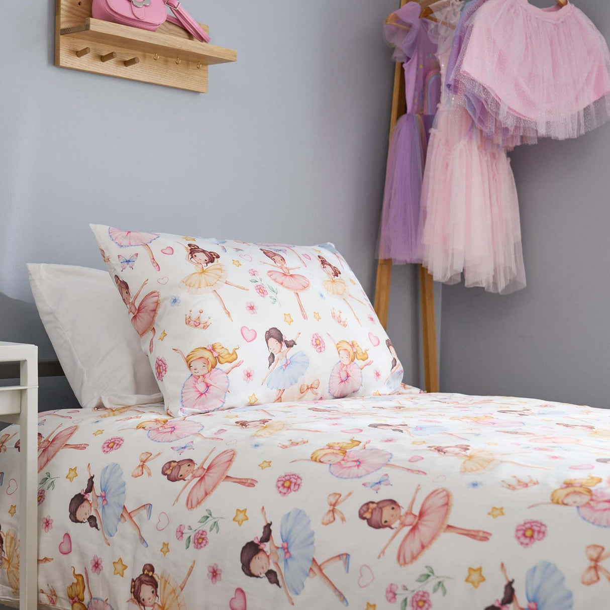 ballerinas bamboo pillowcase - ballet-themed kids pillowcase, hypoallergenic & soft styled on kids bed setup