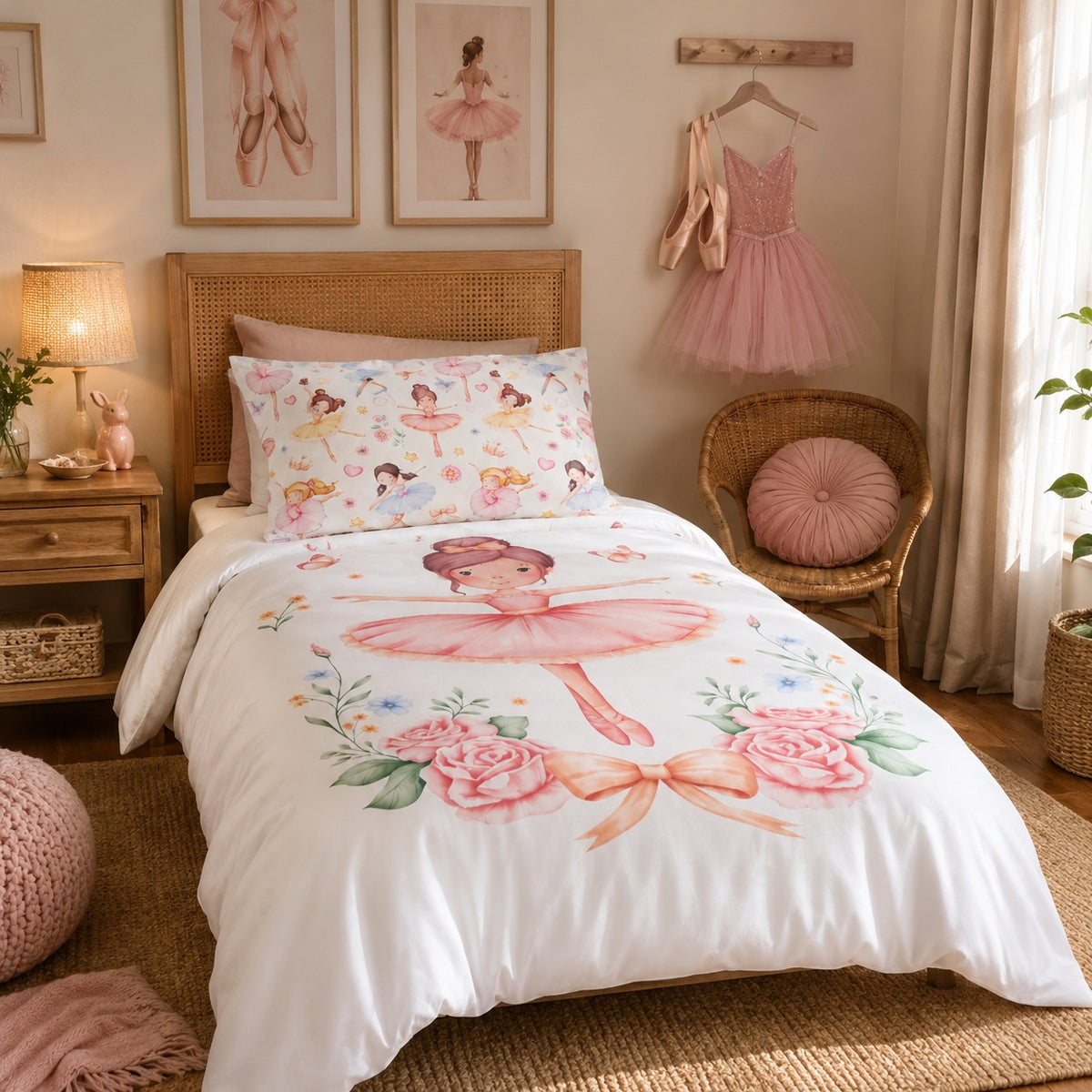 A children's bed featuring a white duvet cover and matching pillowcase printed with a ballerina and pink roses. The room is decorated with ballet-themed wall art, a pink tutu on a hanger, and a wicker chair.