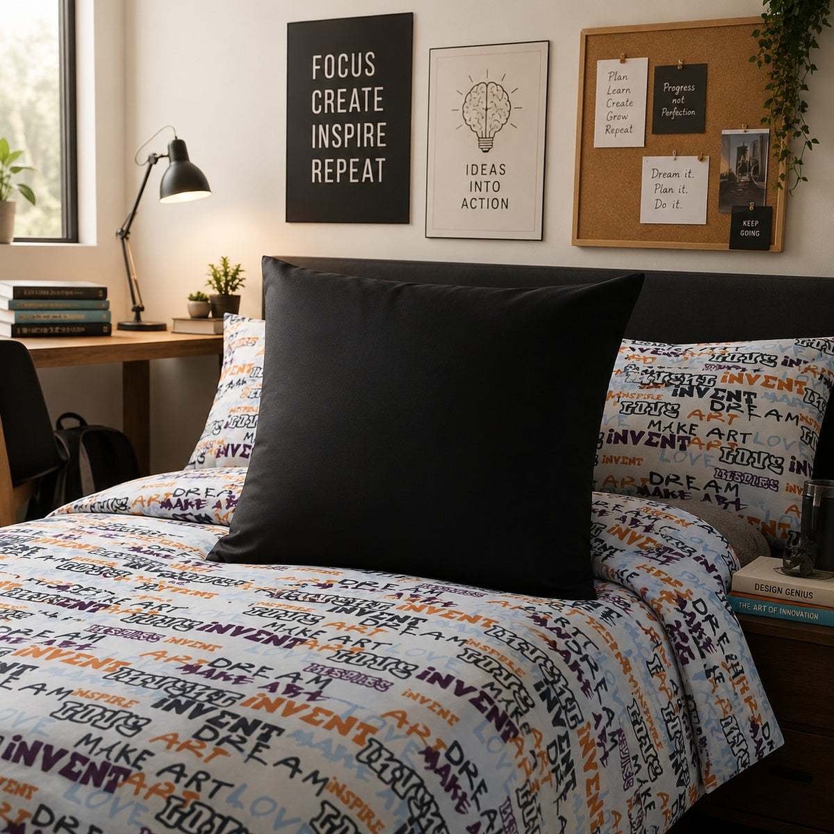 A styled bed in a bedroom setting featuring a white duvet cover and matching pillowcases printed with a colorful collage of words like 'INVENT', 'CREATE', 'MAKE ART', and 'LOVE', accented with orange and blue. A solid black continental pillow is placed in the center.