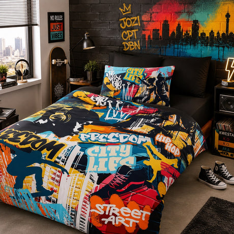 A hip hop themed bedding set featuring a duvet cover and matching pillowcase with a vibrant graffiti pattern, black fitted sheet and rop sheet styled on a bed in a modern bedroom setting.