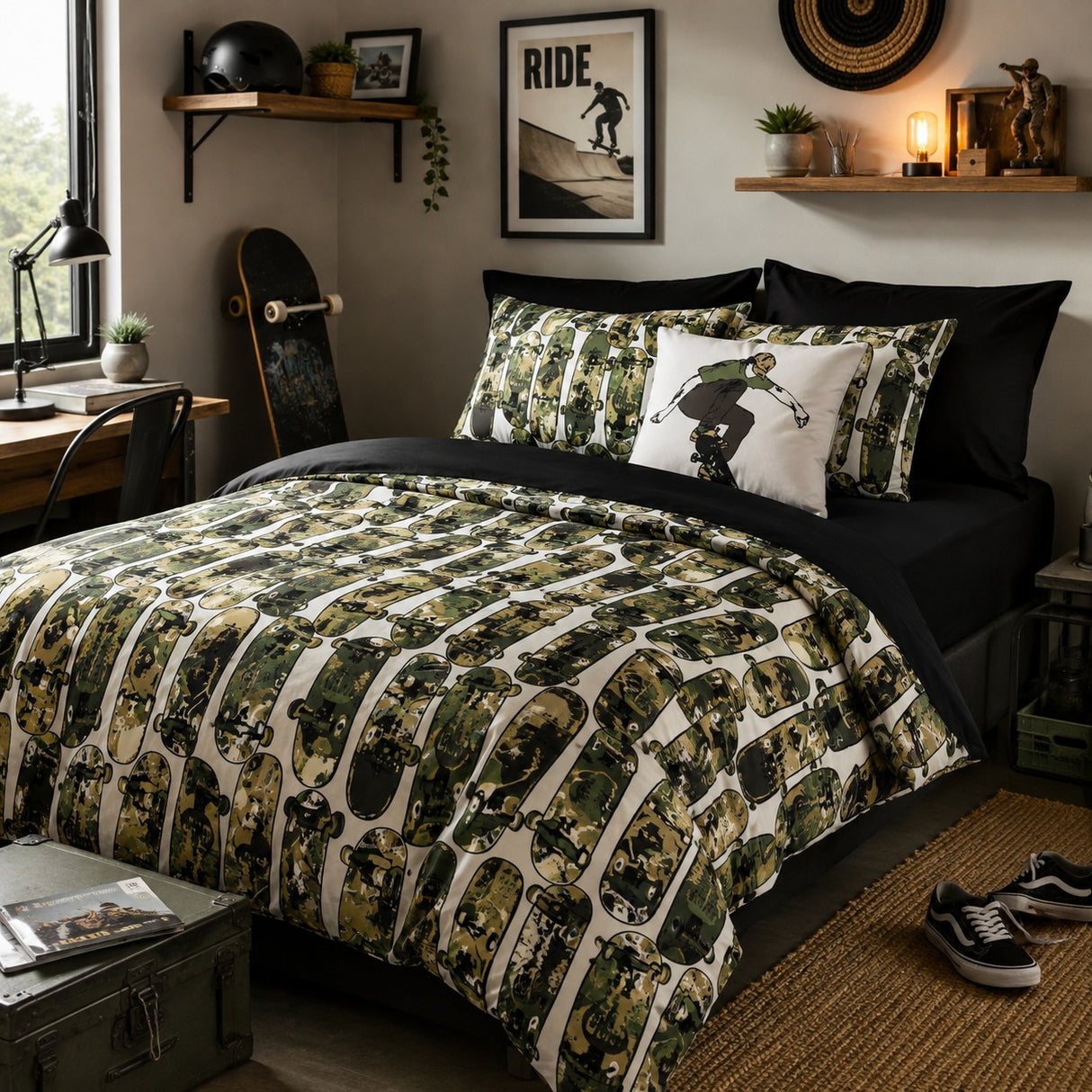 A bed styled in a modern bedroom setting, featuring a duvet cover and matching pillowcases with a repeating green camouflage skateboard pattern on a white background, accented by a white throw pillow with a black skateboard graphic.