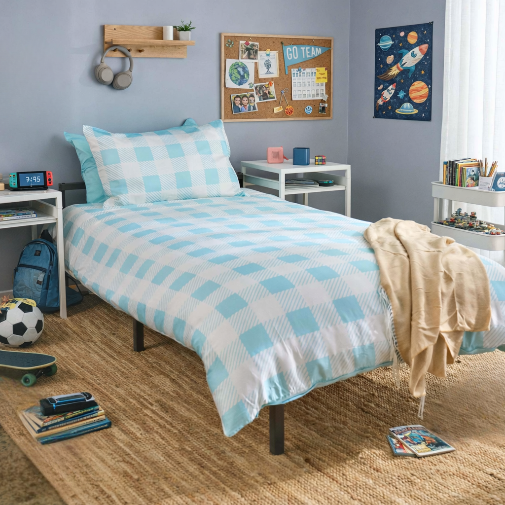 Bedroom with checkered blue and white bedding, skateboard, and sports ball on wooden floor.