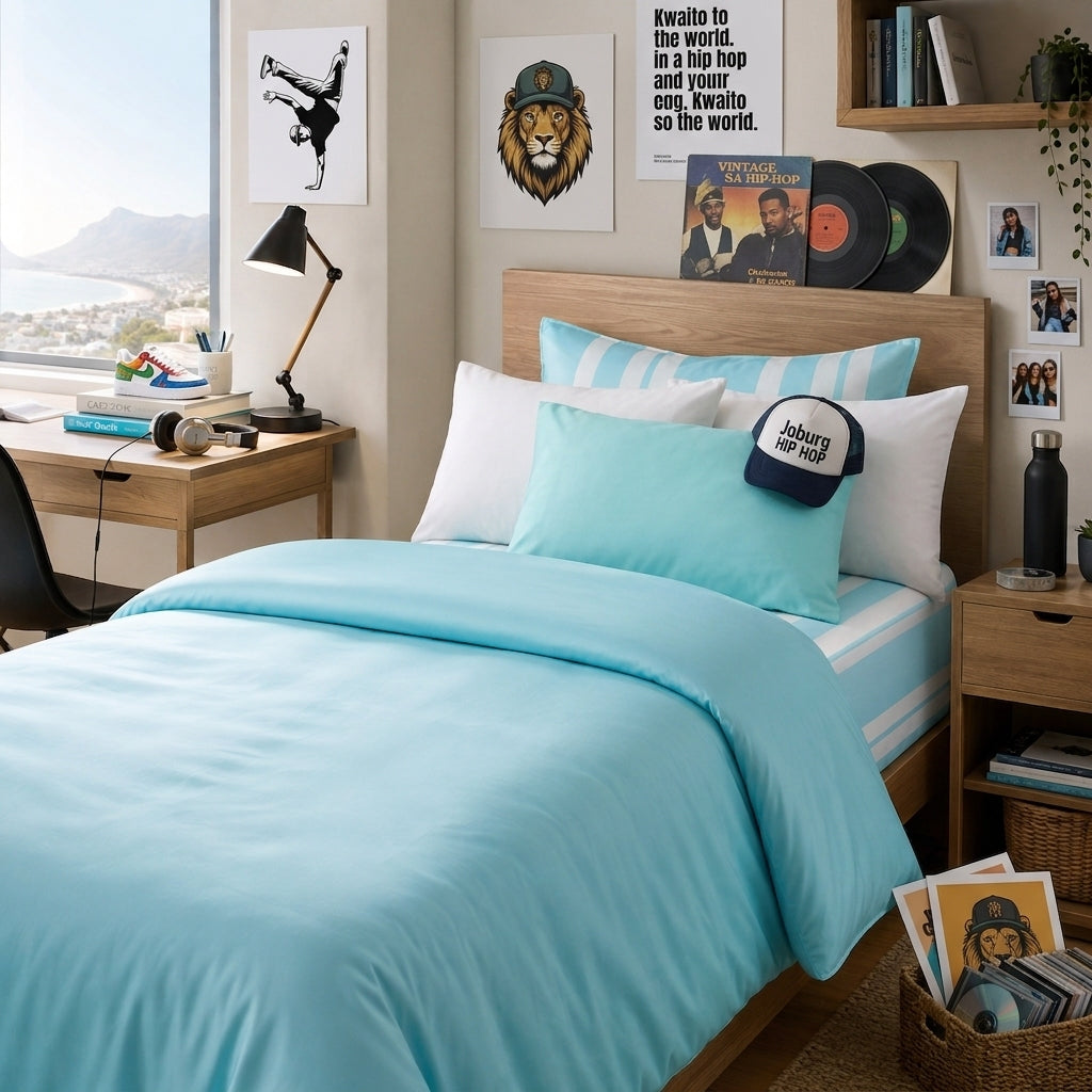 A styled bedroom scene showing a bed made with a light blue duvet cover and matching pillow shams, plus white pillows and a small navy cap. The room includes a wooden bed frame, desk, lamp, wall art, shelf, and window view, so this is a real environment rather than a clean studio product shot.