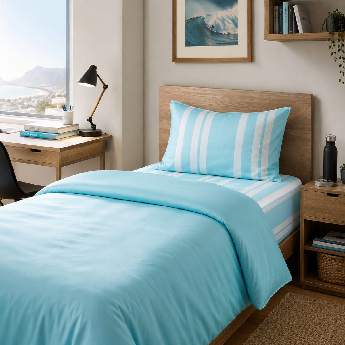 A caribbean blue and white striped bedding set, including a duvet cover and matching pillowcase, styled on a wooden bed frame in a bright, modern bedroom.