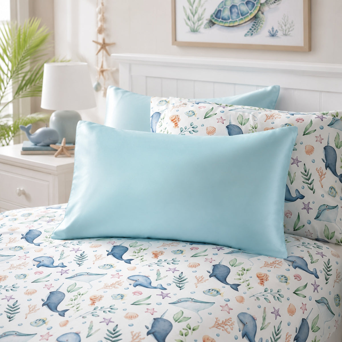 A neatly made bed in a bright bedroom featuring a light blue pillowcase in front of a white duvet cover printed with blue whales, coral, and sea plants. Matching patterned pillows rest behind it against a white headboard, with a bedside lamp, plant, and framed turtle artwork visible.