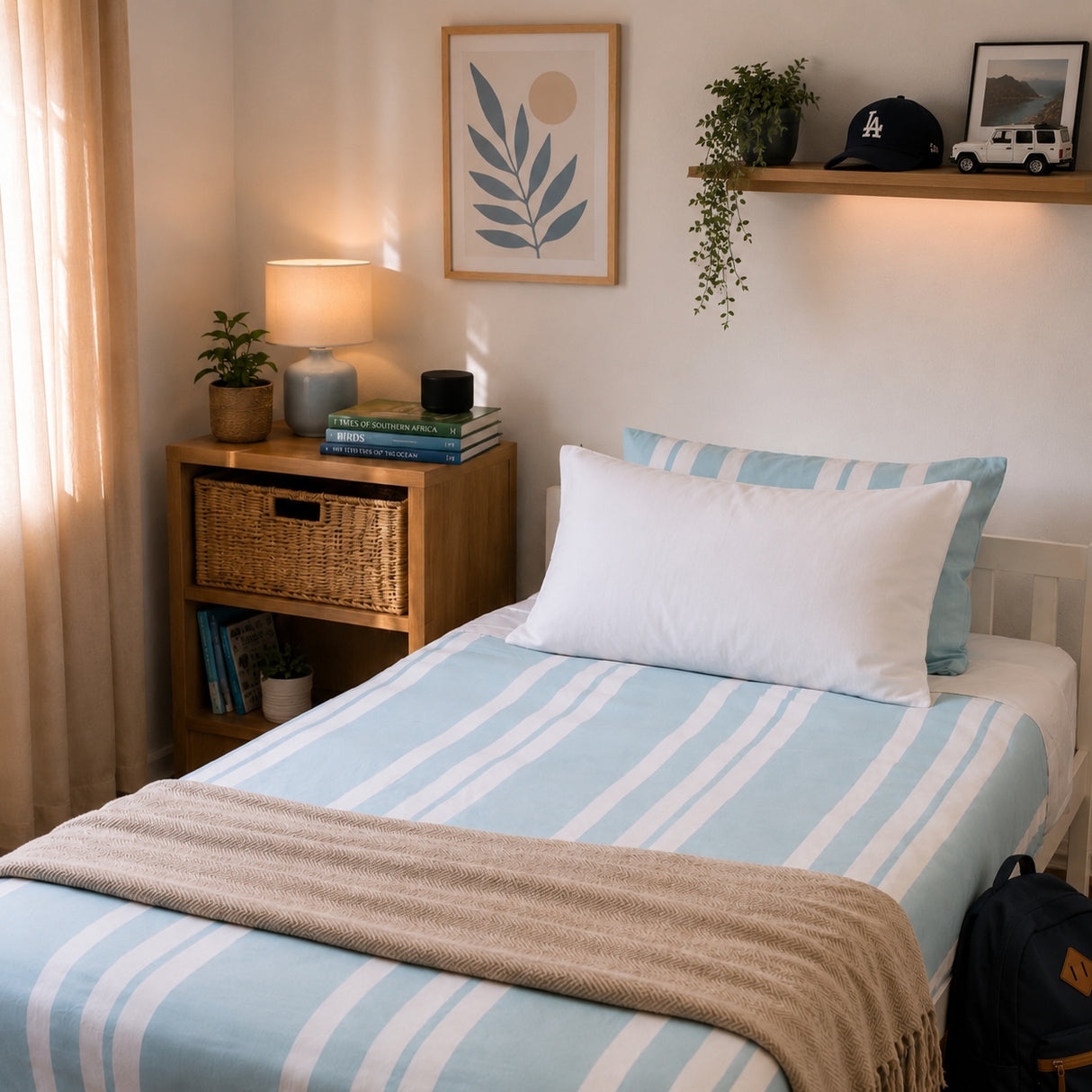 Image of a bedroom styled with a blue striped bamboo bedding set with white fitted sheet and white pillow. 