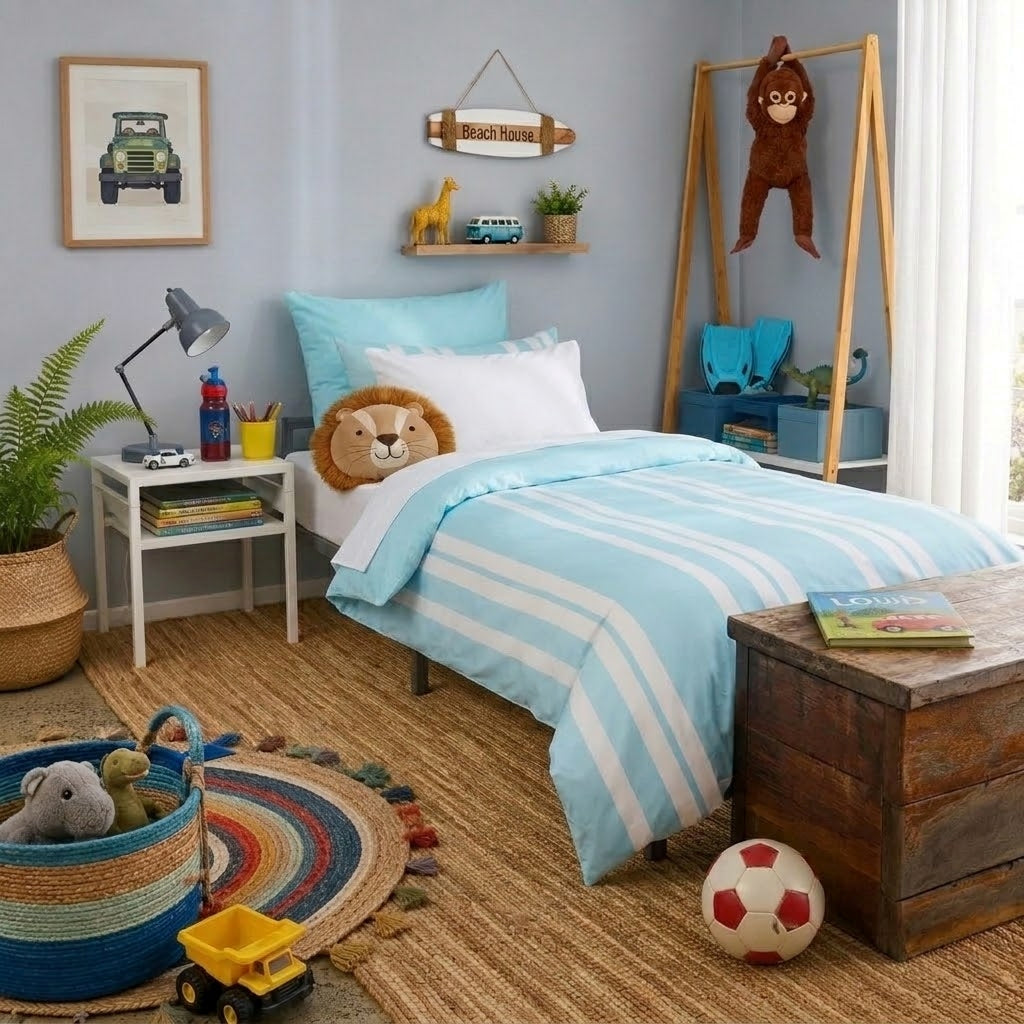 A styled children's bedroom featuring a light blue and white striped bedding set on a single bed. The room is decorated with toys, a wooden ladder shelf with a monkey hanging from it, a side table with a lamp, and a rustic wooden chest on a woven rug.