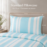 A light blue and white striped pillowcase shown on a bed with matching striped bedding. White text at the top reads 'Standard Pillowcase' with dimensions '45 x 70 cm' and arrows indicating height and width.